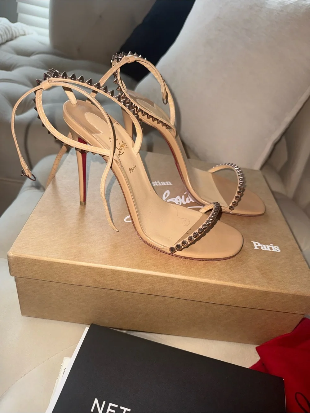 Christian Louboutin Beige/Nude Spike-Stud Ankle-Strap Stiletto Sandals